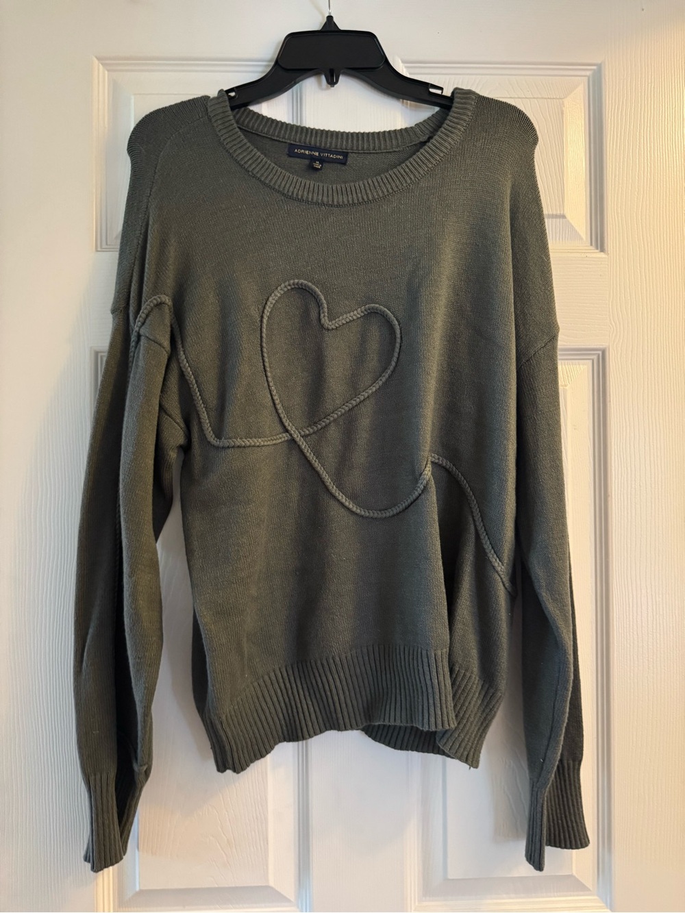 Adrienne Vittadini Olive Crewneck Sweater with Heart Cable Detail